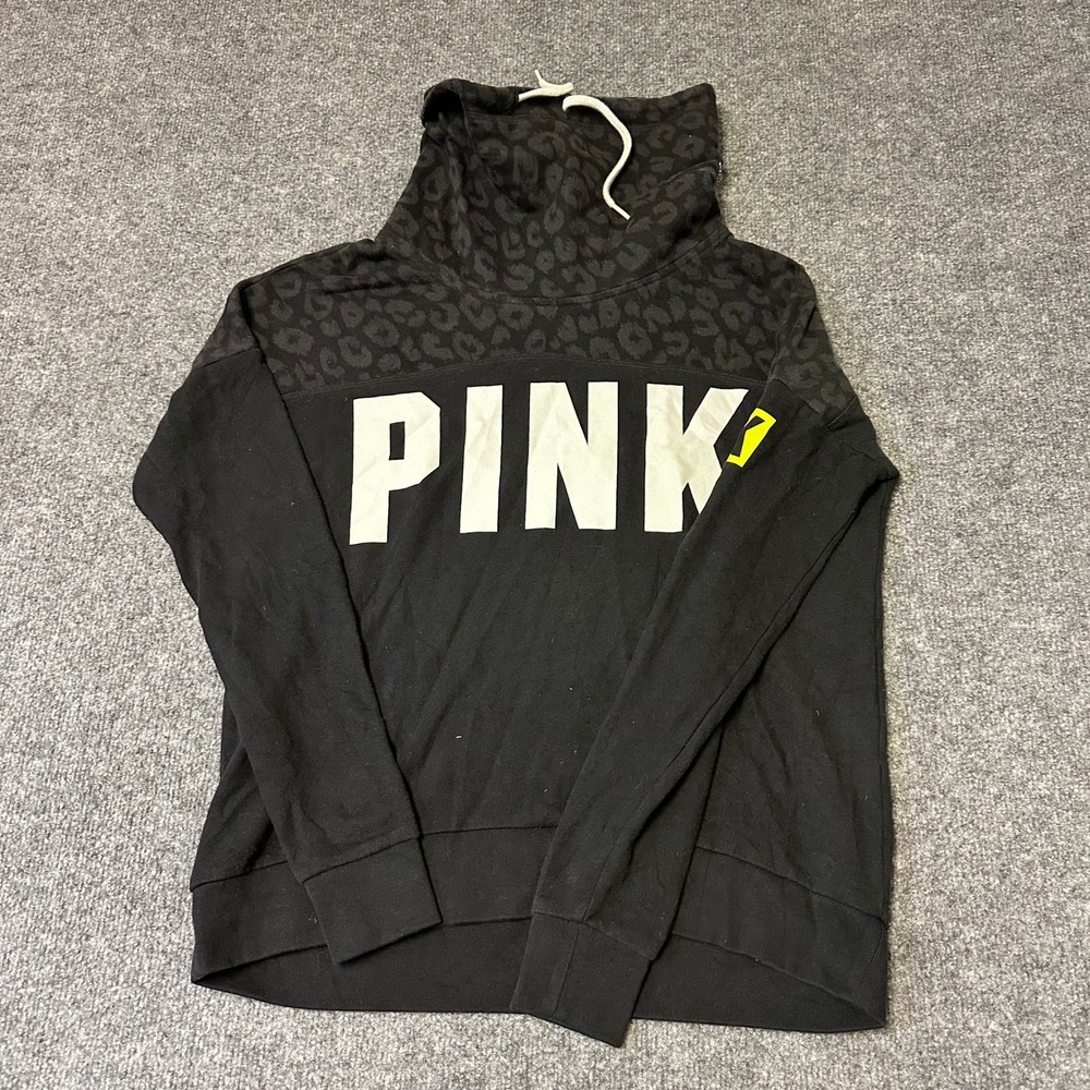 Pink Sweatshirt Womens Size S Black Leopard Funnel Neck Logo Pullover Casual